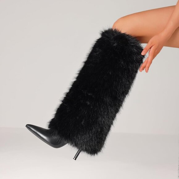 Women's A-black Kalstage Fur Knee High Heeled Wide Calf Party Fashion Boots - Picture 6 of 7
